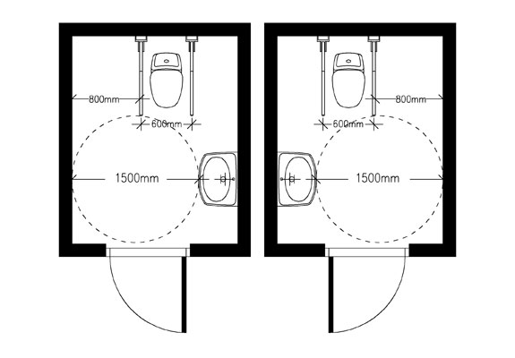 Wc-tilan lähelle sijoitetaan toinen, peilikuvana toimiva esteetön wc-tila.
