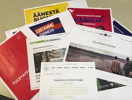 Eduskuntapuolueiden vaaliohjelmien kansia 2019