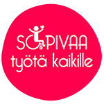 Pinkki ei ihan pyöreä pallo jonka sisällä valkoinen teksti SOPIVAA työtä kaikille niin että o-kirjain on pyörätuoli jossa istuu ihminen