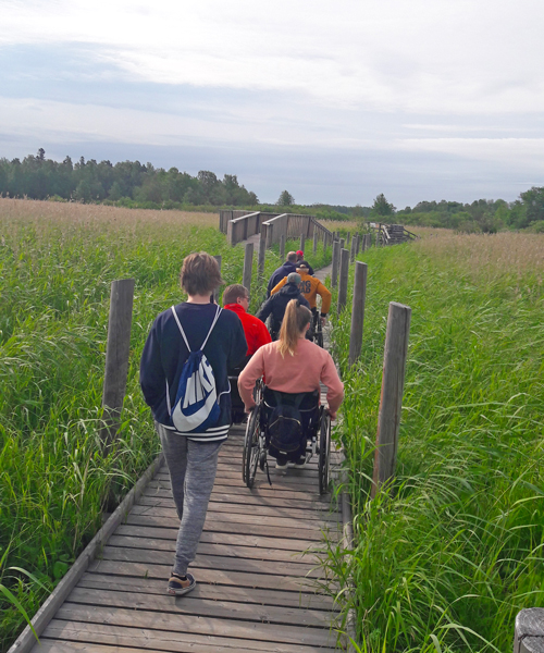 Pyörätuoliretkeilijöitä pitkospuilla. 