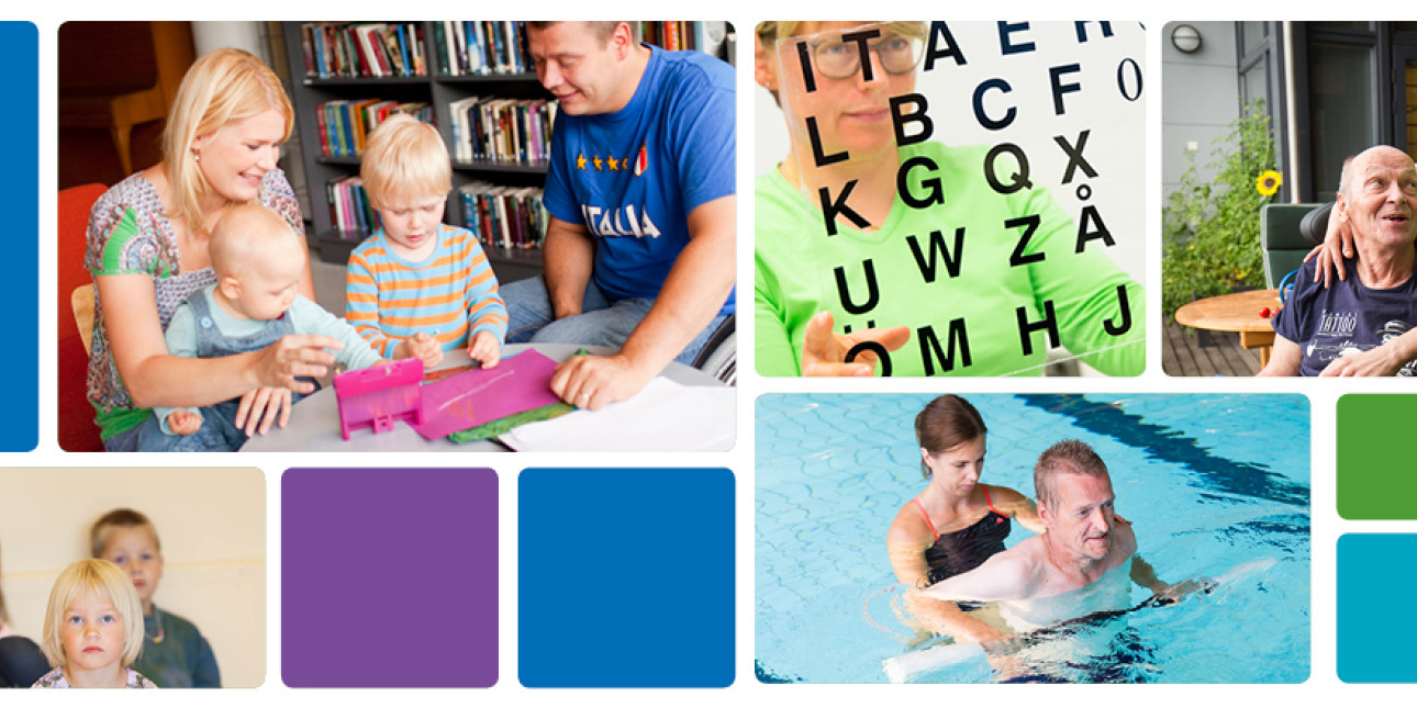 Mainoskuva sopeutumisvalmennuksista: ihmisiä, invalidiliiton logo ja värikkäitä neliöitä. 