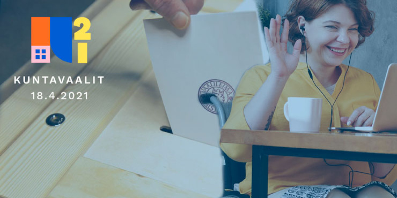 Taustalla äänestyslippu menossa uurnaan. Edessä iloinen nainen pyörätuolissa. Kuvituskuva.