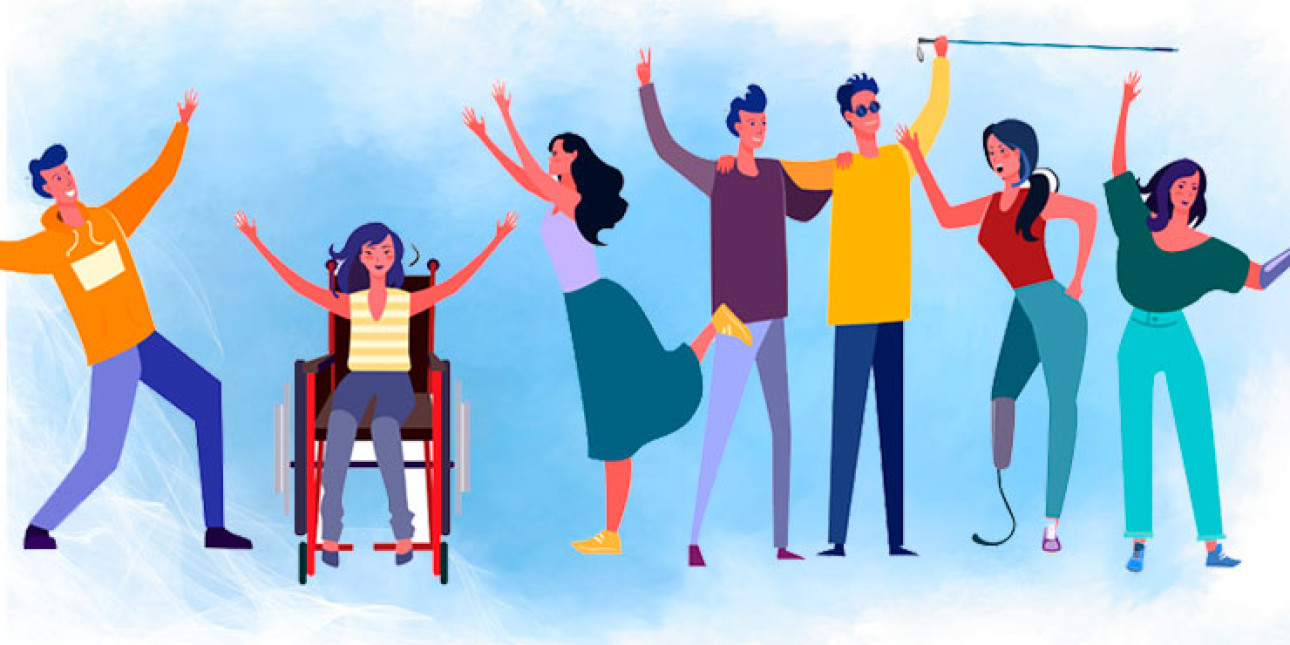 Eri tavoin vammaisia nuoria piirroskuvassa. 