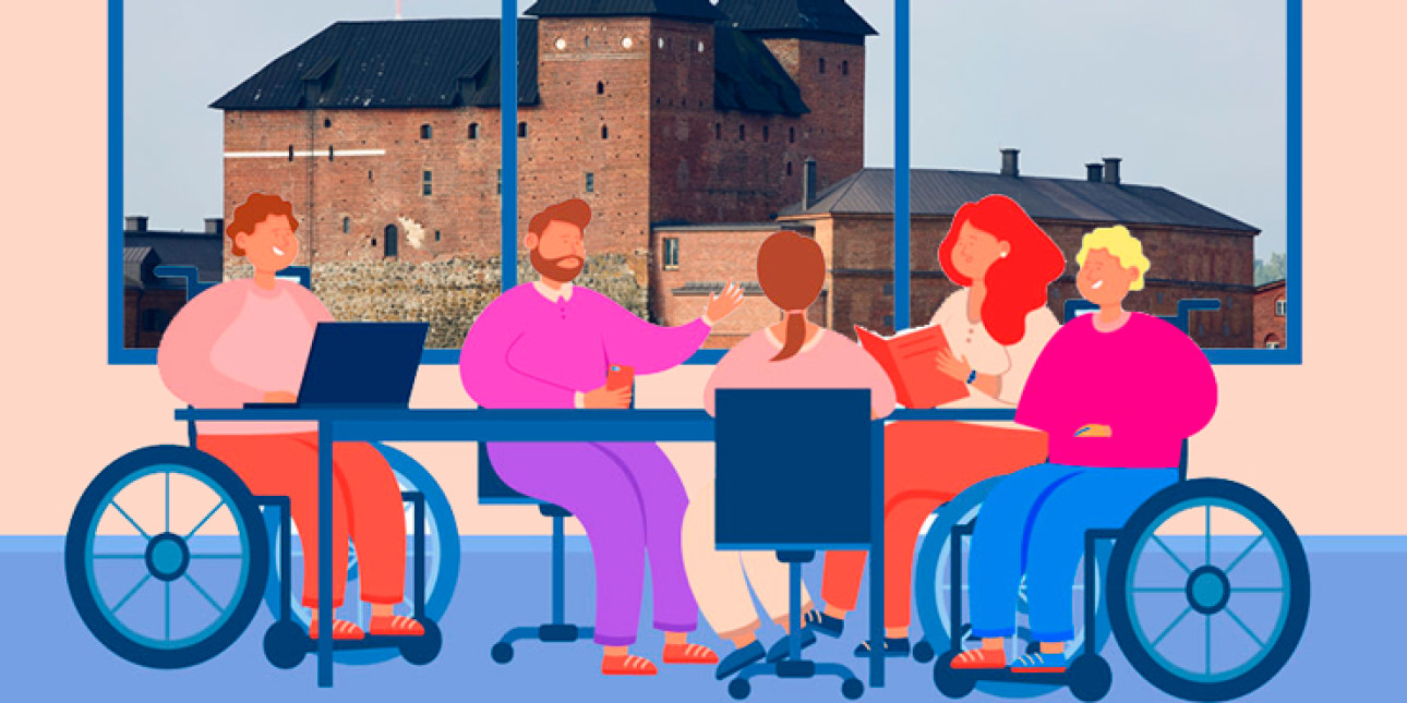 Vammaisia piirroshenkilöitä kokouspöydän ääressä. Ikkunasta näkyy Hämeenlinna.