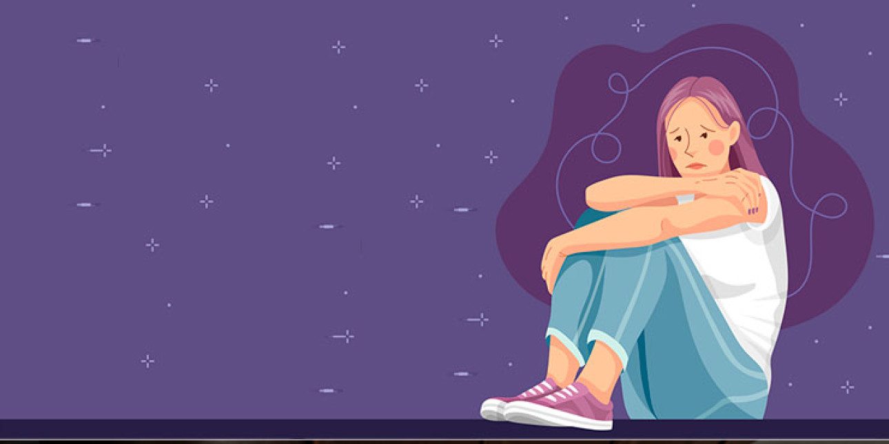 Piirroskuva yksin istuvasta alakuloisesta tytöstä