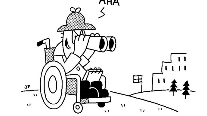 Piirroskuvassa pyörätuolissa istuva hahmo kiikaroi ympäristöä