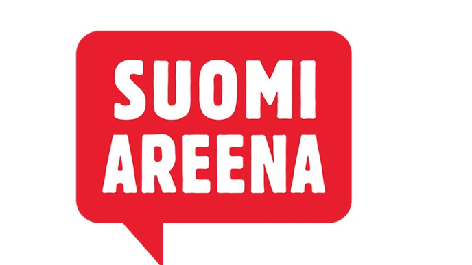 Punaisessa puhekuplassa valkoisella teksti SUOMI AREENA. SuomiAreena-tapahtuman logo