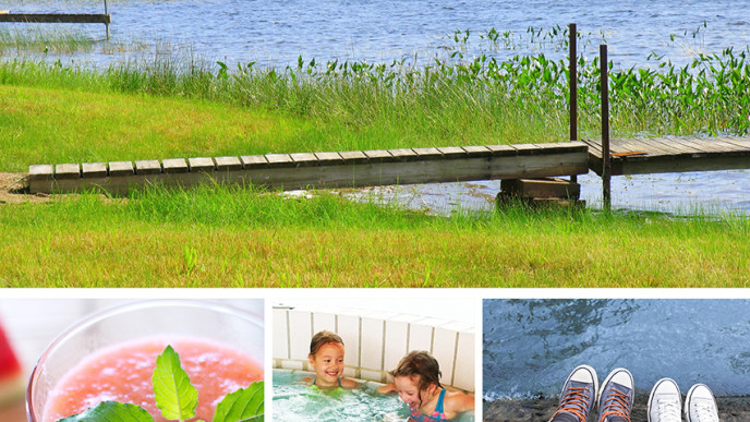 Ylimmäisenä rantakuva ja alempana kolme pientä kesäkuvaa