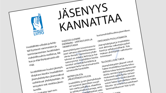 Invalidiliiton "Jäsenyys kannattaa" -flyer. Kuvituskuva.
