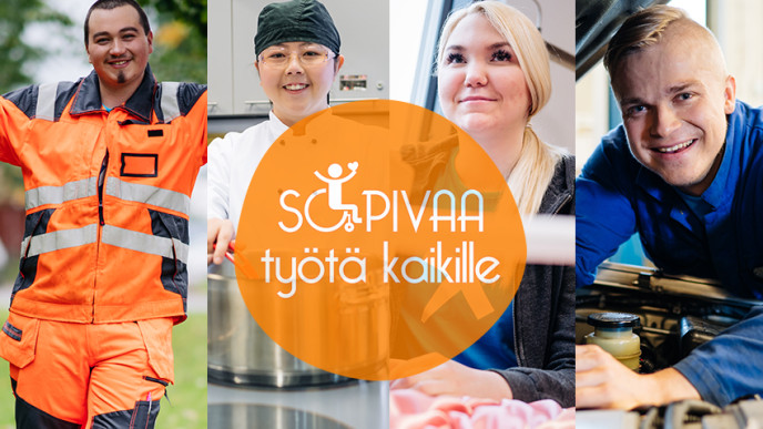 Neljä eri ammateissa toimivaa nuorta. Kuvituskuva.