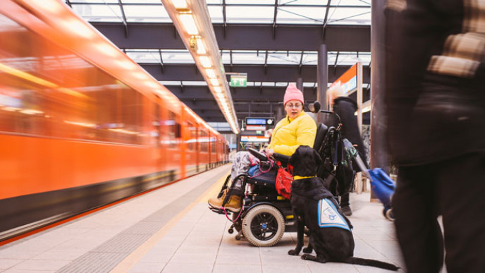 Nainen pyörätuolissa metroasemalla avustajakoiran kanssa. Kuvituskuva.