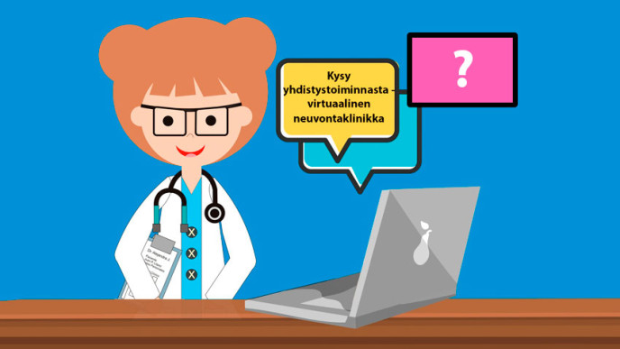 piirroskuva tohtorista, pöydällä tietokone