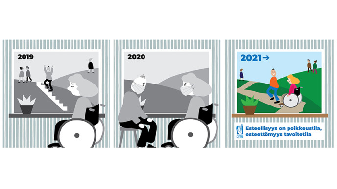 Sarjakuva, jossa vammainen ihminen on ensin sisällä yksin, sitten maski kasvoillaan ja lopulta ulkona muiden kanssa. 