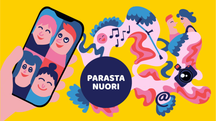 Keltaisella pohjalla värikkäitä piirroshahmoja harrastusten parissa.