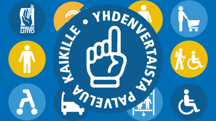 Yhdenvertaista palvelua kaikille -merkin logo ja vammaisuuteen liittyviä symboleita.