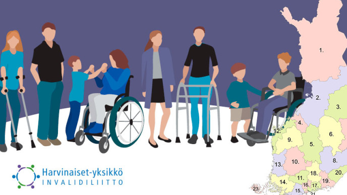 Piirroshahmoja, joista osa käyttää liikkumisen apuvälineitä ja Suomen karttakuva.