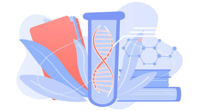 Kuvituskuva, jossa geeni lasiputkilossa ja kirjoja.