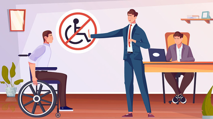 Piirroskuva, jossa pyörätuolilla liikkuvan ihmisen tulo työpaikalle torjutaan
