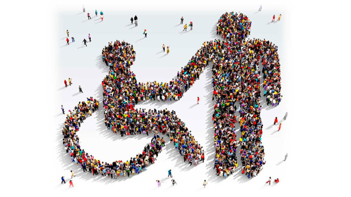 Piirretyistä ihmishahmoista muodostuva pyörätuolisymboli