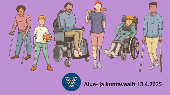 Vaalilogo ja piirrettyjä ihmishahmoja värikkäällä taustalla