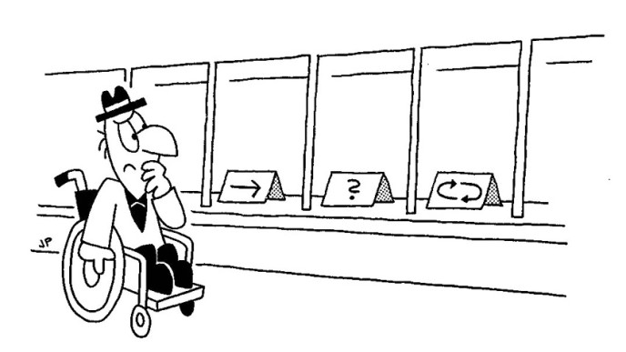 Piirroskuva pyörätuolia käyttävästä miehestä ja palveluiden luukuista