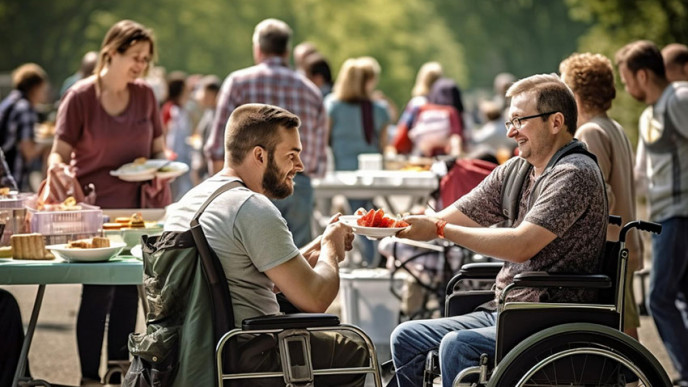 Ihmisiä kesätapahtumassa istumassa pöytien ääressä